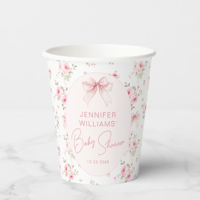 Pink Shabby Chic Bow Floral Sweet Baby Girl Shower Paper Cups (Front)