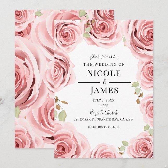 Pink Shabby Chic Floral Roses Rustic Glam Wedding Invitation (Front/Back)