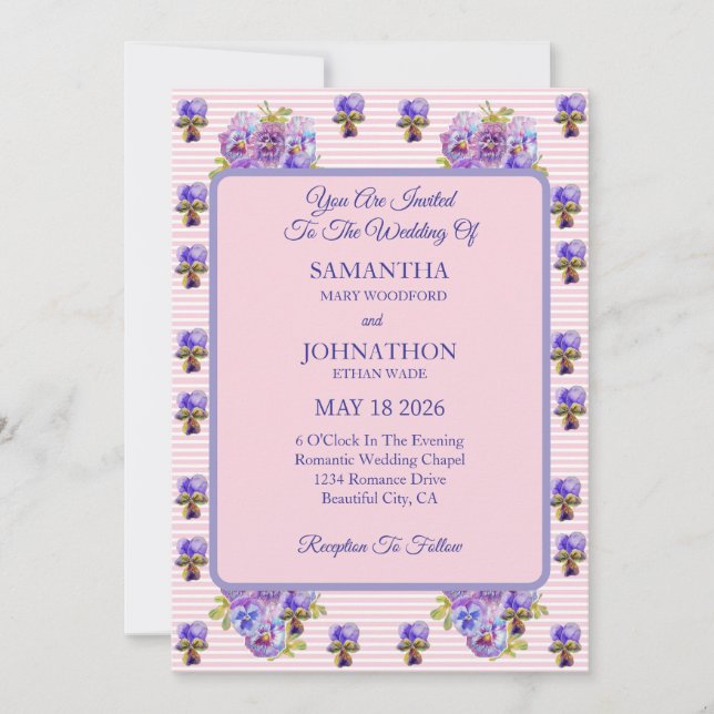 Pink Shabby Chic Flower Viola Wedding Invitation (Front)