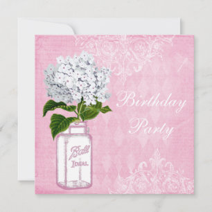 Pink Shabby Chic Jar & Hydrangea Birthday Party Invitation