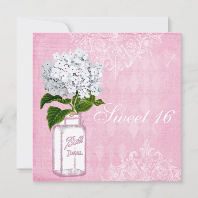 Pink Shabby Chic Jar & Hydrangea Sweet 16 Invitation (Front)
