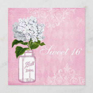 Pink Shabby Chic Jar & Hydrangea Sweet 16 Invitation