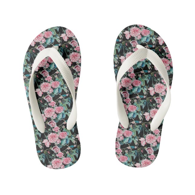 Pink Shabby Chic Rose floral Flowers Beach Thongs (Footbed)