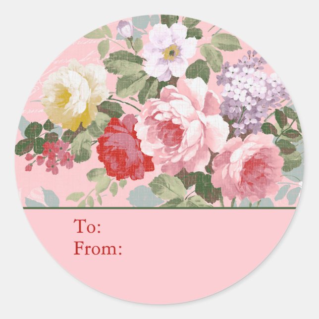 Pink Shabby Chic Rose Personalized To & From Classic Round Sticker (Front)