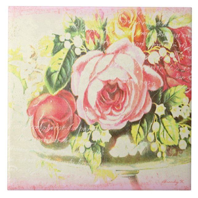 Pink Shabby Rose Collage Art Tile (Front)
