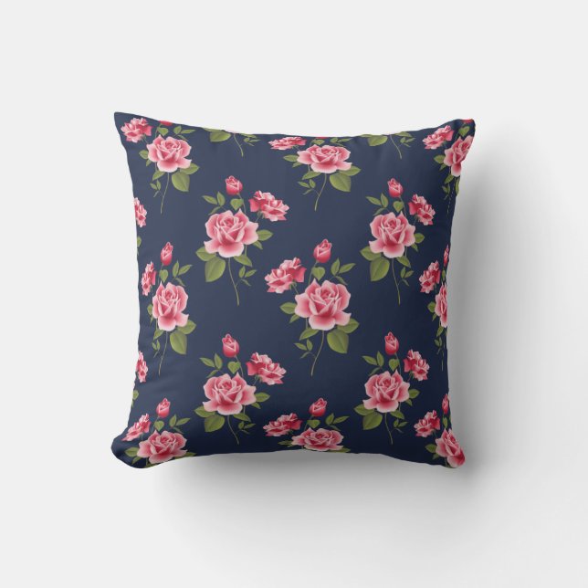 Pink Shabby Roses on Navy Blue Throw Pillow (Front)