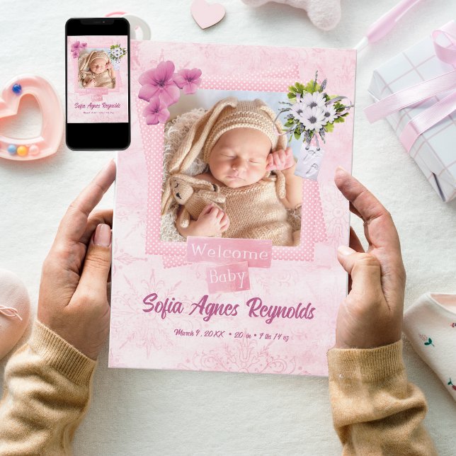 Pink Shabby Style Baby Flat Announcement Card (Creator Uploaded)
