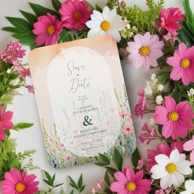 Pink Shades Delicate Romantic Wildflowers Field Magnet (Pink Delicate Romantic Wildflowers Field Wedding Save the Dates Magnets.)