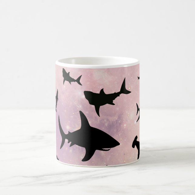 Pink shadow fish shark on gradient galaxy Space Coffee Mug (Center)