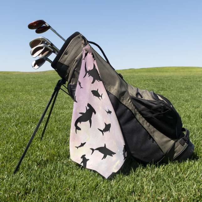 Pink shadow fish shark on gradient galaxy Space Golf Towel (Green)