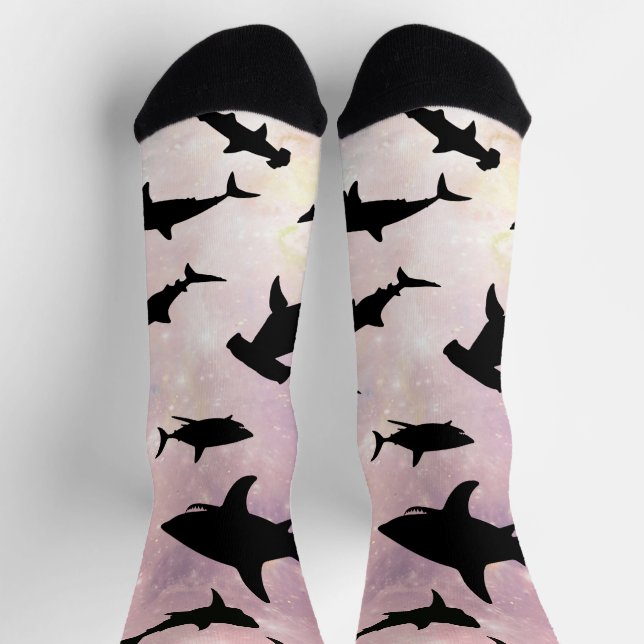 Pink shadow fish shark on gradient galaxy Space Socks (Top)