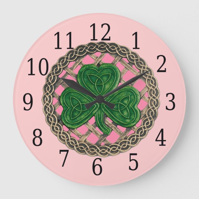 Pink Shamrock And Celtic Knots Round Clock (Front)