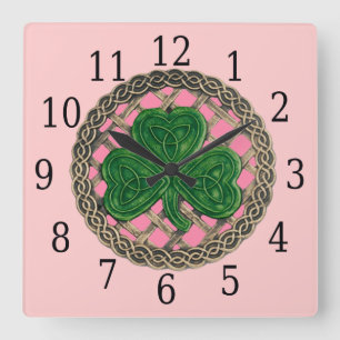 Pink Shamrock And Celtic Knots Square Clock