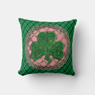 Pink Shamrock Celtic Knots On Green Plaid Cushion