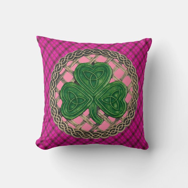 Pink Shamrock Celtic Knots On Pink Plaid Cushion (Front)