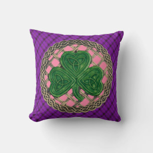 Pink Shamrock Celtic Knots On Purple Plaid Cushion