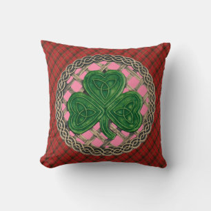 Pink Shamrock Celtic Knots On Red Plaid Cushion