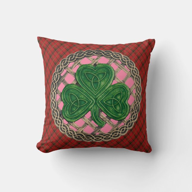 Pink Shamrock Celtic Knots On Red Plaid Cushion (Front)