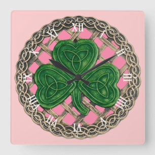 Pink Shamrock & Celtic Knots Roman Numerals Clock
