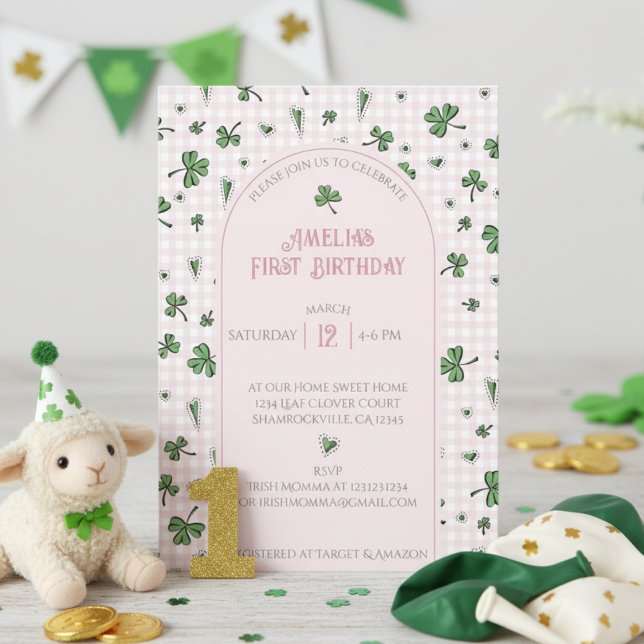 Pink Shamrock First Birthday Photo Invitation (Cute Pink Shamrock 1st Birthday Invitation for Irish Kids Birthday Party. Lucky Green Clover, Hearts)