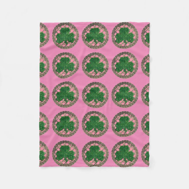 Pink Shamrock On Celtic Knots Fleece Blanket (Front)