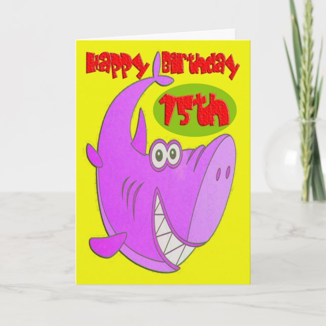 Pink Shark Fifteenth Birthday Card (Front)