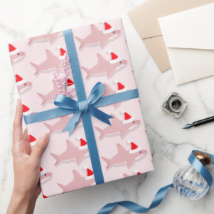Pink Shark in Santa Hat Christmas Holiday Wrapping Paper