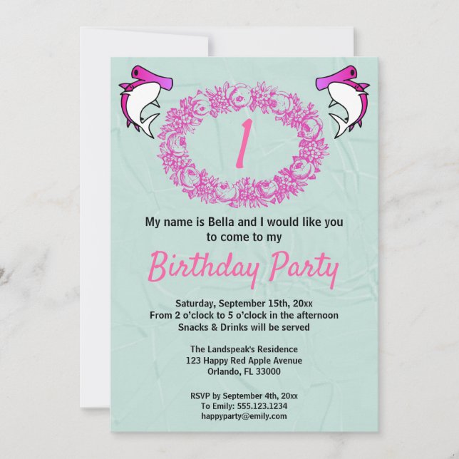 Pink Sharks & Rose Wreath 1st Birthday Invitation (Front)