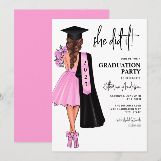 Pink She Did It Graduation Party Invitation (Front/Back)