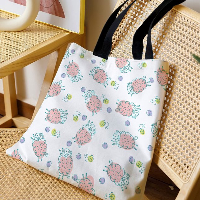 Pink Sheep with Flowers & Berries - Cute Pattern Tote Bag (Creator Uploaded)