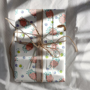 Pink Sheep with Flowers & Berries - Cute Pattern Wrapping Paper Sheet
