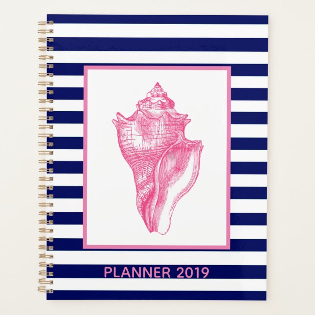 Pink Shell and Navy Stripe Planner (Front)