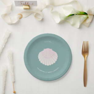 Pink shell green baptism christening Paper Plate