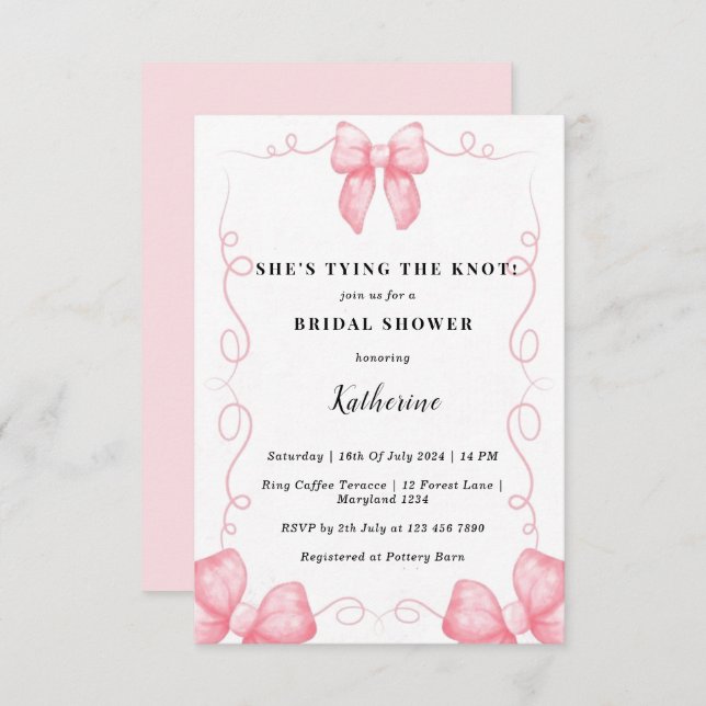 Pink She's tying the knot coquette bridal shower Invitation (Front/Back)