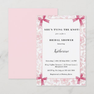 Pink she's tying the knot coquette bridal shower invitation