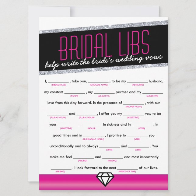 Pink Shimmer Bridal Libs Bachelorette Party Game Invitation (Front)