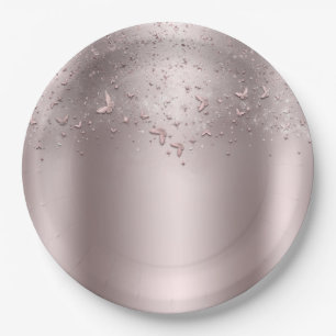 Pink Shimmer Flutter Butterfly Sweet 16 Party Paper Plate