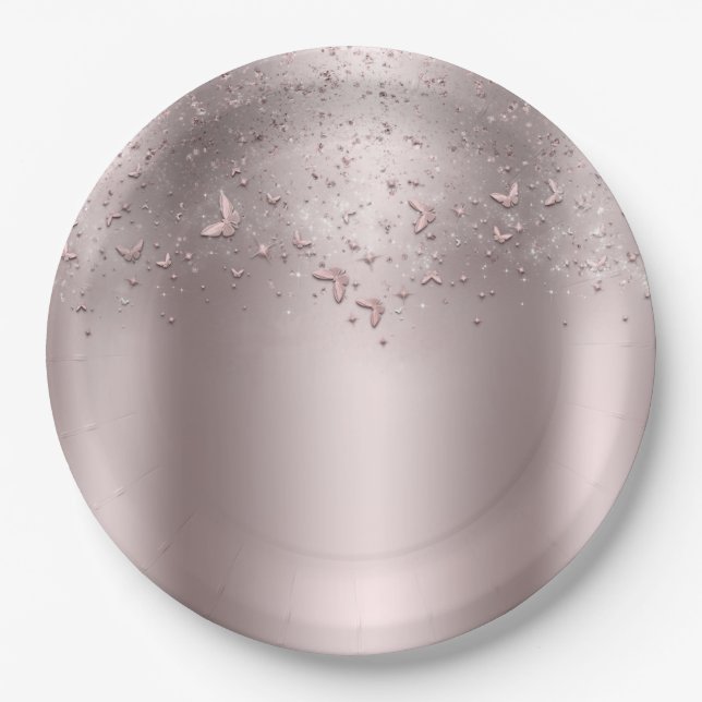 Pink Shimmer Flutter Butterfly Sweet 16 Party Paper Plate (Front)