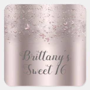 Pink Shimmer Flutter Butterfly Sweet 16 Party Square Sticker