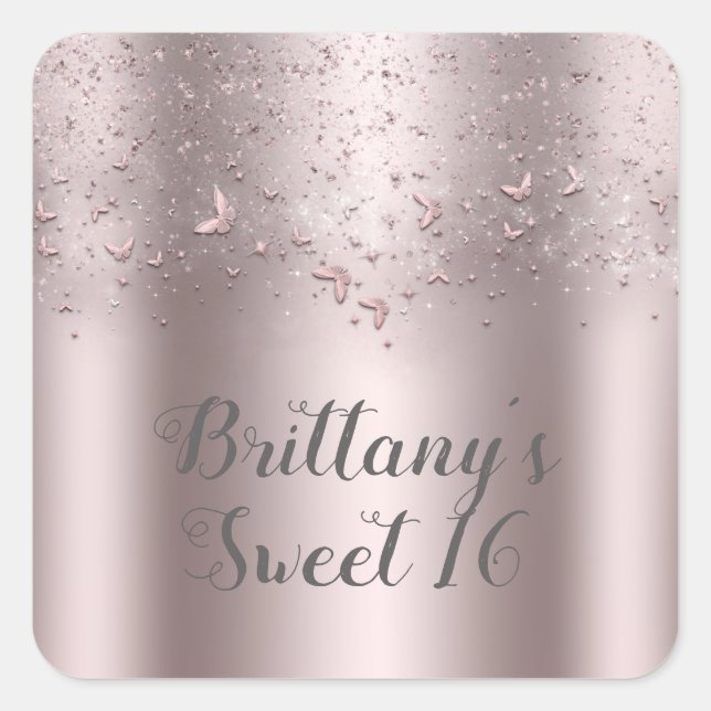 Pink Shimmer Flutter Butterfly Sweet 16 Party Square Sticker (Front)