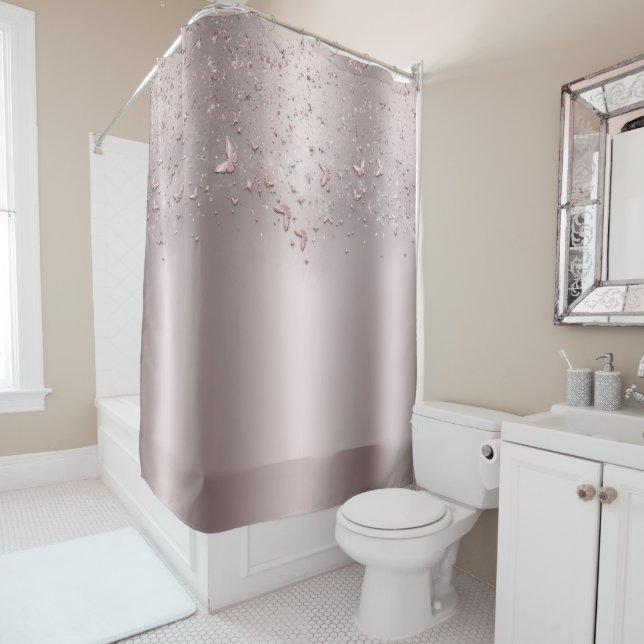 Pink Shimmer Glitter Sparkle Flutter Butterfly Shower Curtain (In Situ)