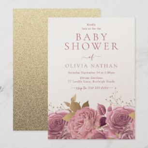 Pink Shimmer Roses Floral Baby Shower Invitation