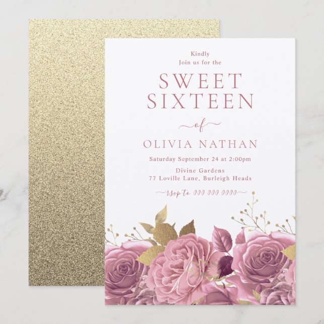 Pink Shimmer Roses Floral Sweet 16 Party Invitation (Front/Back)
