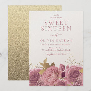 Pink Shimmer Roses Floral Sweet 16 Party Invitation