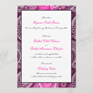 Pink Shimmer Satin White Lace Paisley Menu Card