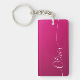 Pink Shimmer White Elegant Calligraphy Script Name Key Ring