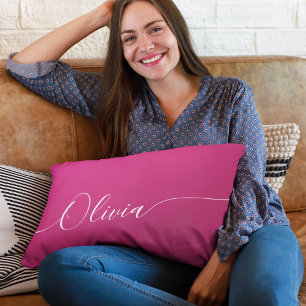 Pink Shimmer White Elegant Calligraphy Script Name Lumbar Cushion