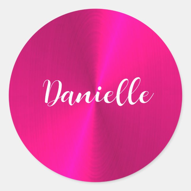 Pink shiny faux metal custom name classic round sticker (Front)