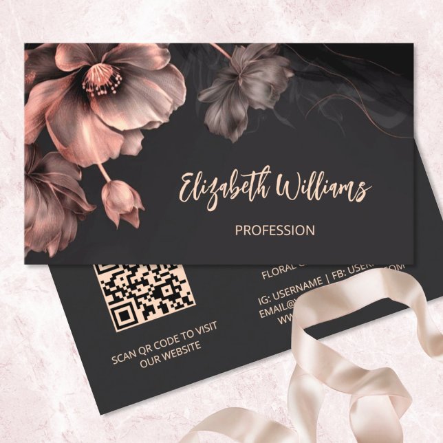 Pink Shiny Flowers Black  Business Card (Creator Uploaded)