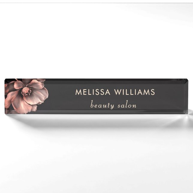 Pink Shiny Flowers Black  Nameplate (Front)